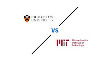 Princeton University logo with orange shield versus MIT logo with red letters, separated by diagonal lines and blue "VS" text