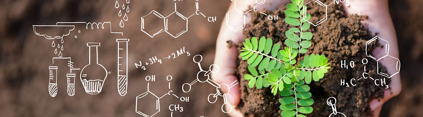 Hands holding a sapling and a background with biochemistry structures