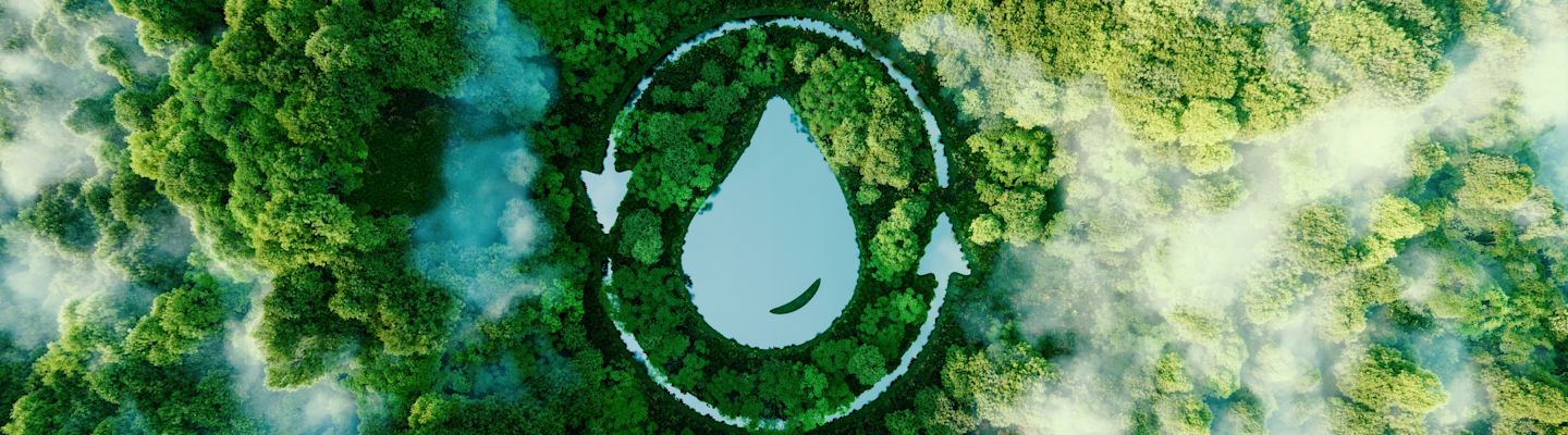 Aerial view of a recycling symbol formed by trees and a lake in a lush green forest, surrounded by misty clouds