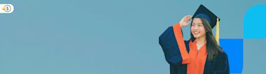 Smiling graduate in cap and gown stands against a blue background, touching her cap. A small circular logo appears in the top left corner.