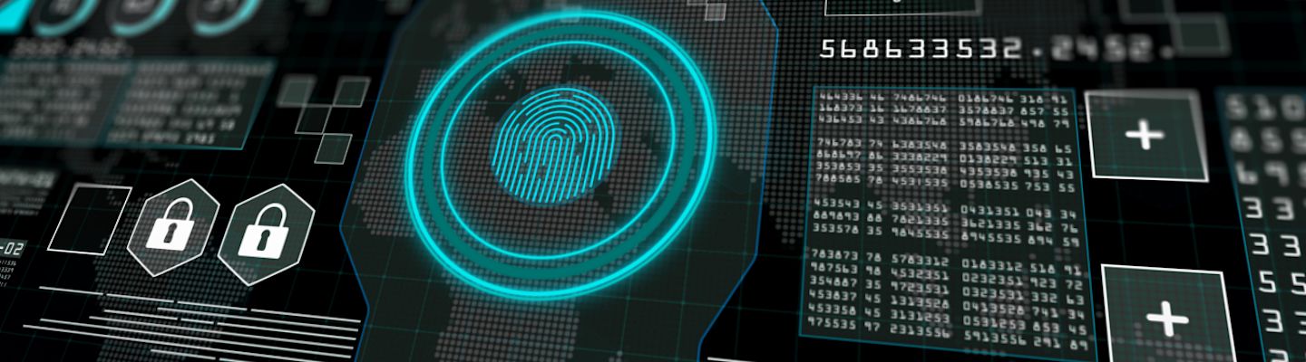 Digital security interface with glowing blue fingerprint scan, lock icons, and data matrix displaying numbers and encryption codes