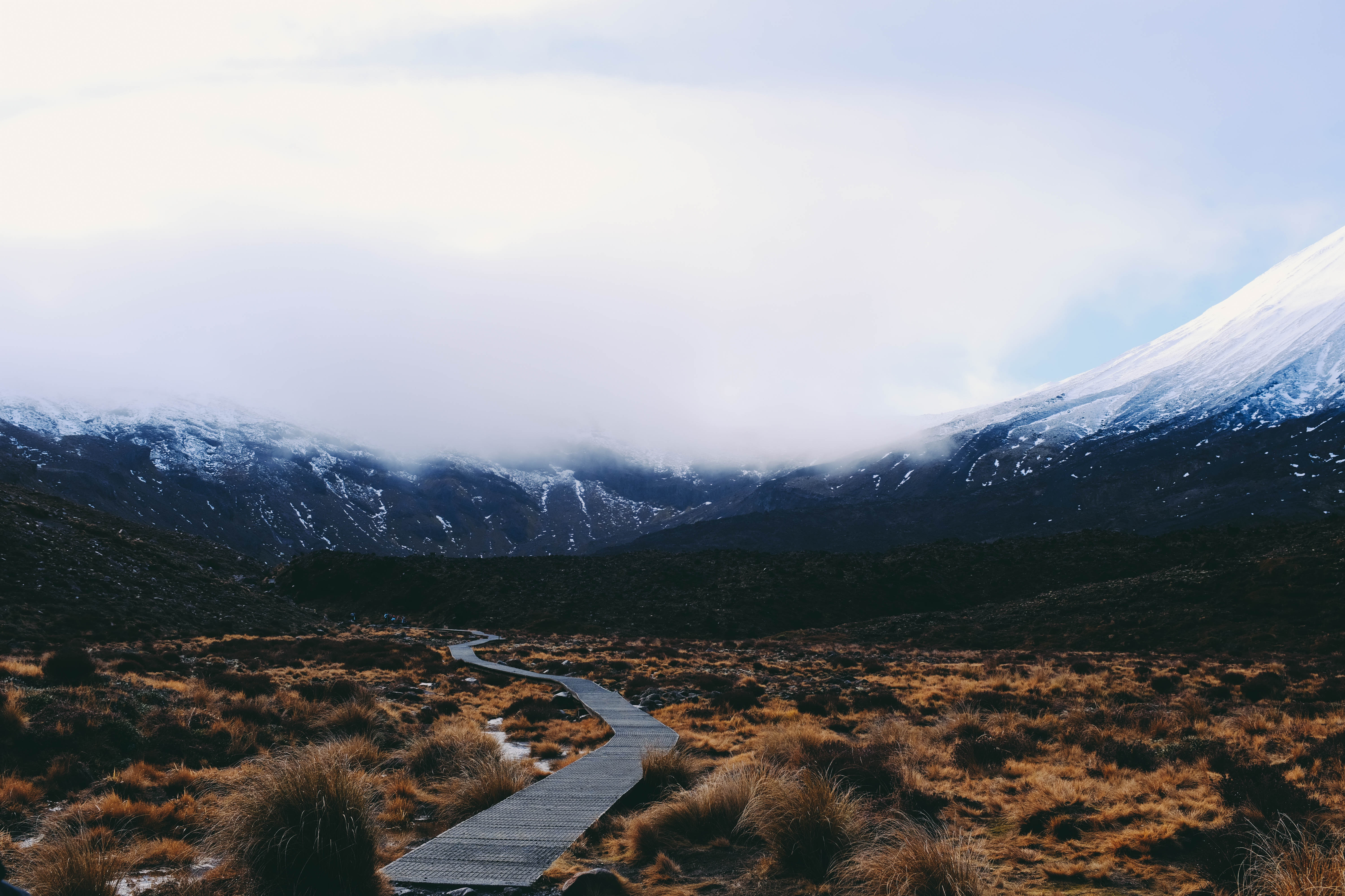 wooden-pathway-going-through-field-with-snow-covered-mountain