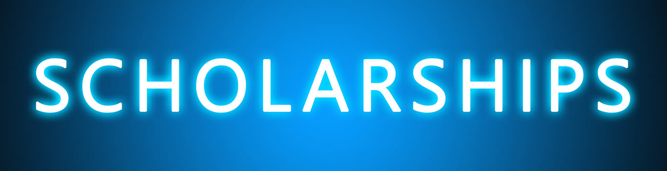 Scholarships in glowing white on a blue background