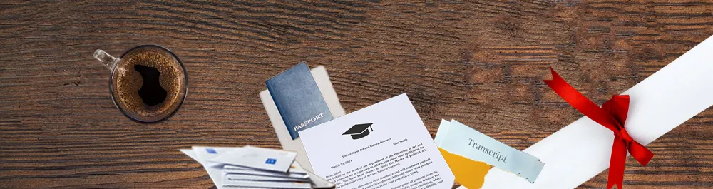 A wooden desk with a cup of coffee, a passport, a graduation letter, a transcript, envelopes, and a rolled-up diploma tied with a red ribbon.