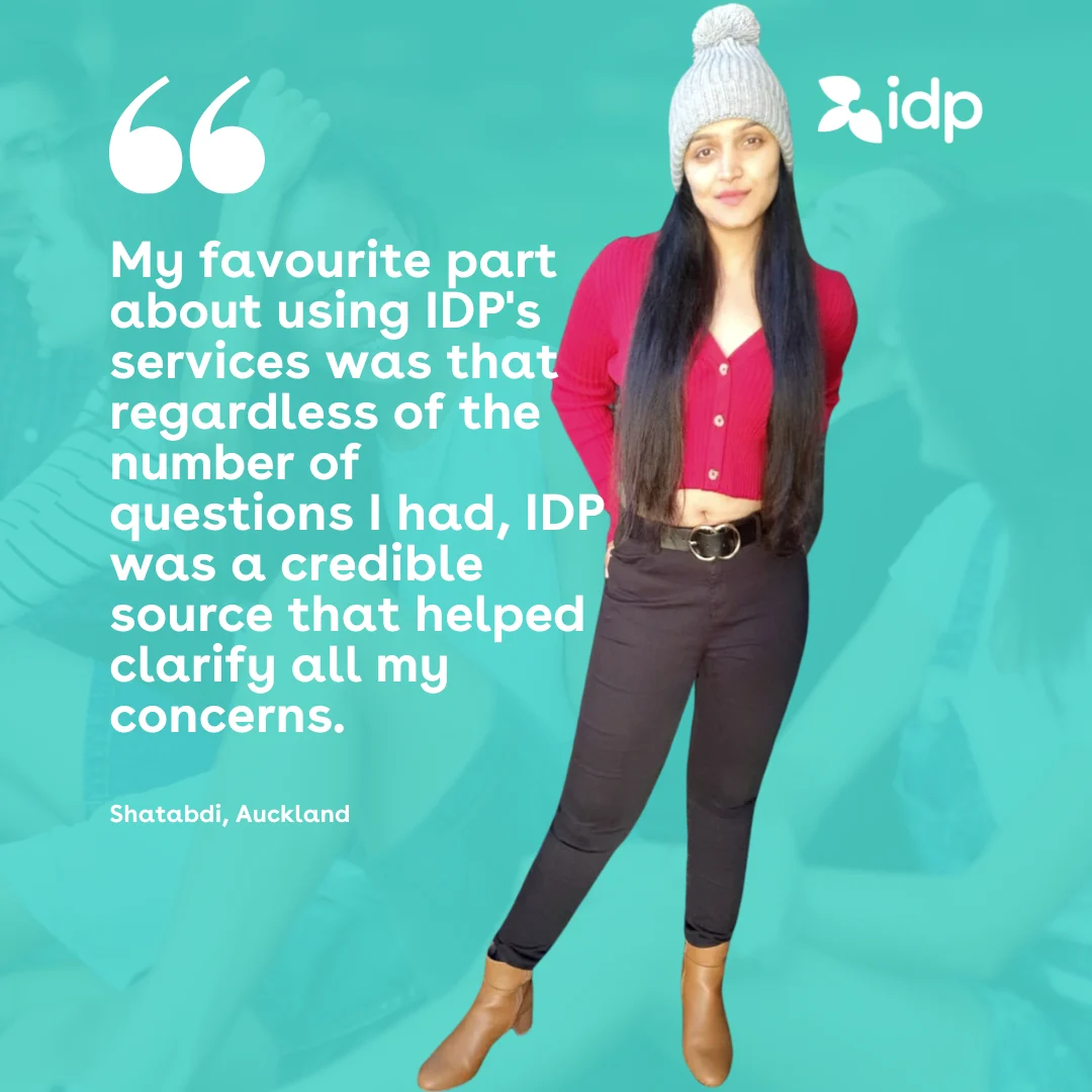 A woman wearing a grey knit hat, red cardigan, black pants, and tan boots stands smiling. Next to her is a quote praising IDPs services for being a credible source that clarified all her concerns. IDP logo is visible.