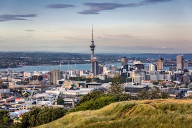  Auckland skyline view from Mount Eden, featuring Sky Tower and harbor against pastel sunset sky, with grassy hillside in foreground.