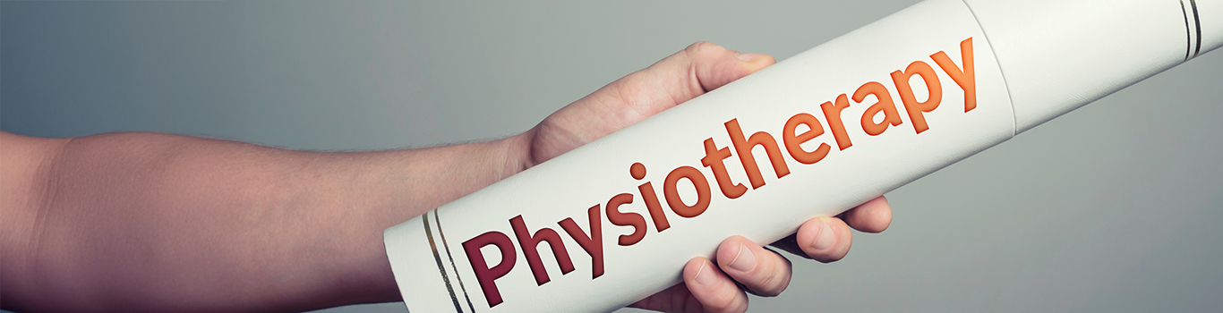 An arm, with a paper roll, with the worlds physiotherapy in colour, on a grey gradient background