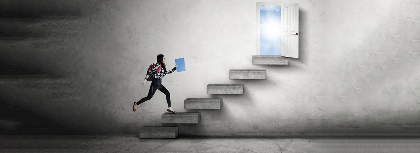 student running on the stairs leads to an opportunity to success