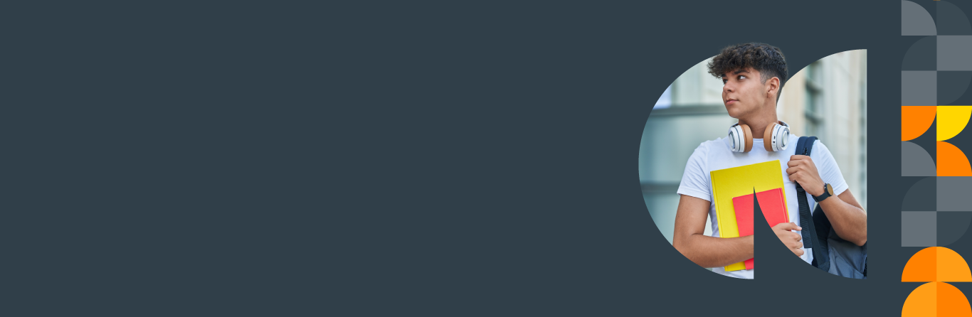 A person with headphones around their neck holds colorful folders and carries a backpack. The background is a dark color with abstract geometric shapes on one side.