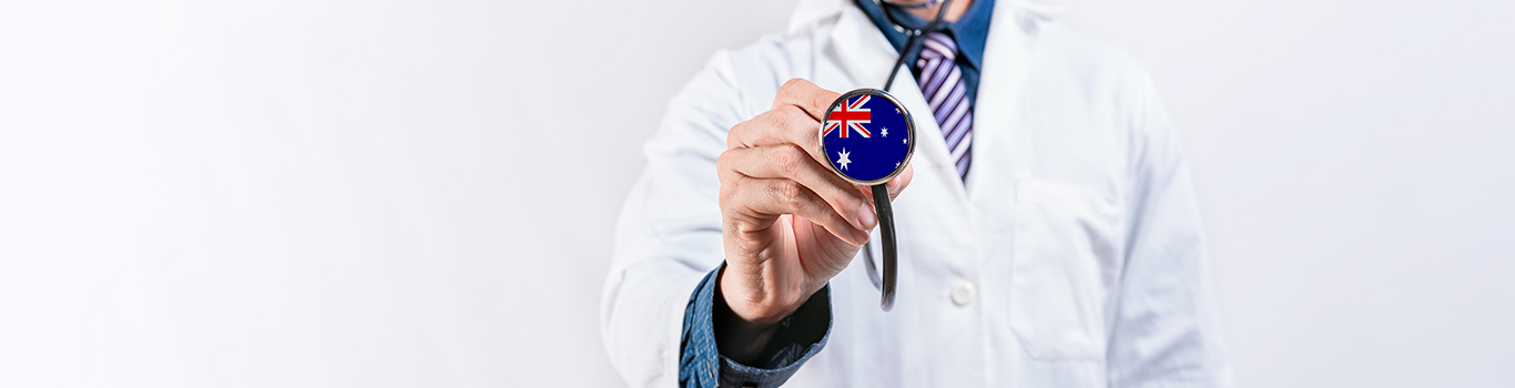 Australia healthcare system, doctor holding stethoscope. Australia health and medical insurance concept