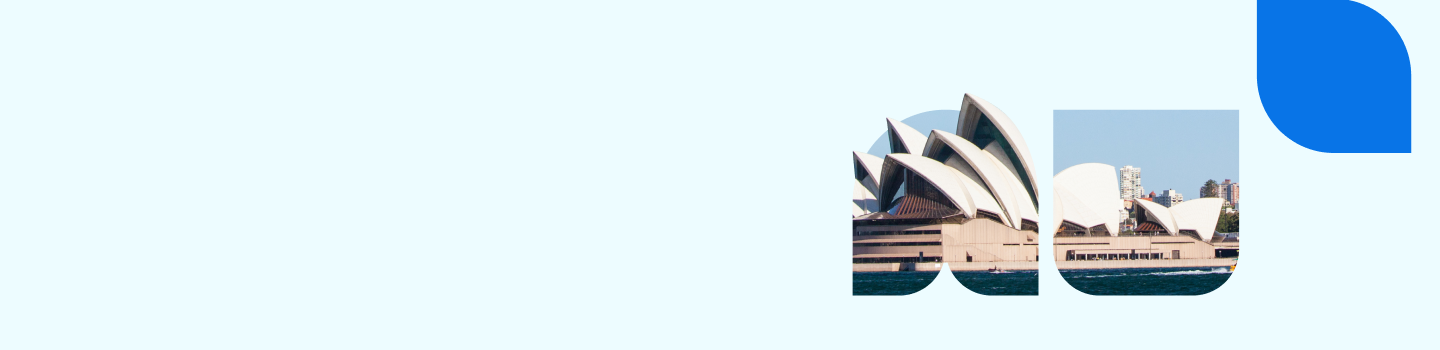 Sydney Opera House is partially visible in a stylized, geometric design against a light blue background. The image includes a blue quarter-circle in the top right corner.