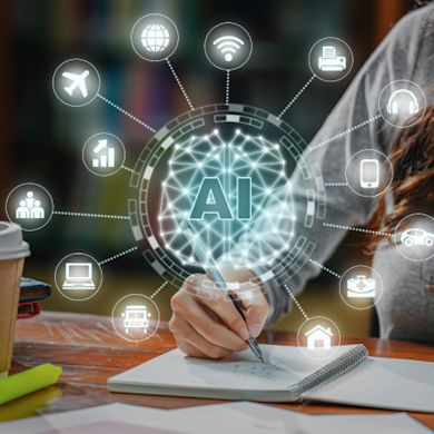A person writing in a notebook at a table with a coffee cup and highlighter, with blurred bookshelves behind. Overlaid is a digital 'AI' graphic with technology icons. A 'QUT' logo is in the corner.