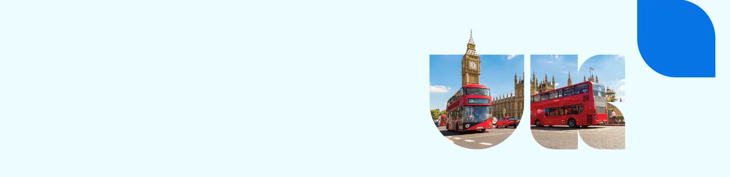 Những chiếc xe buýt hai tầng màu đỏ chạy ngang qua tháp Big Ben và Tòa nhà Quốc hội biểu tượng của London. Hình ảnh được cắt sáng tạo theo hình chữ “us” với một phần tư hình tròn màu xanh ở góc trên bên phải.