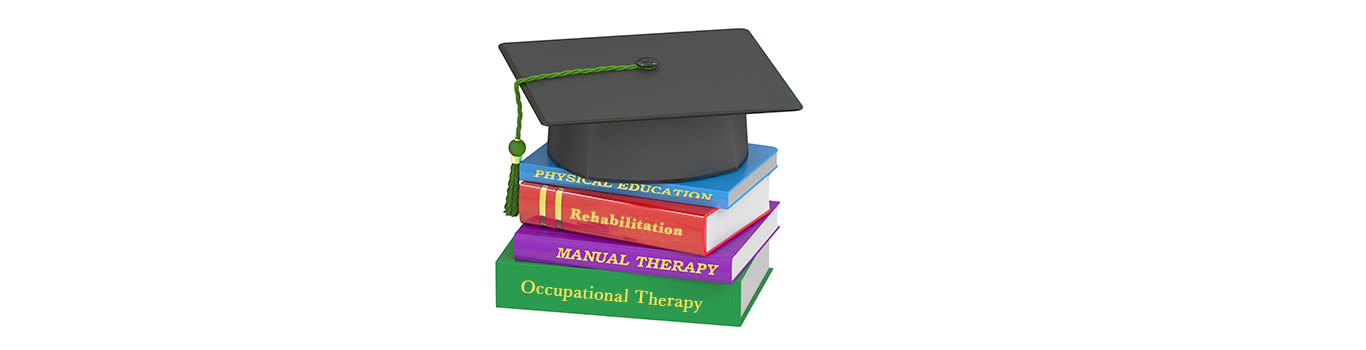 A stack of occupational therapy text books with a grad cap on top against a white background