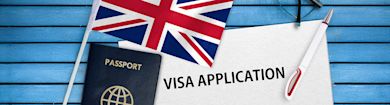 Visa application form and flag of United Kingdom