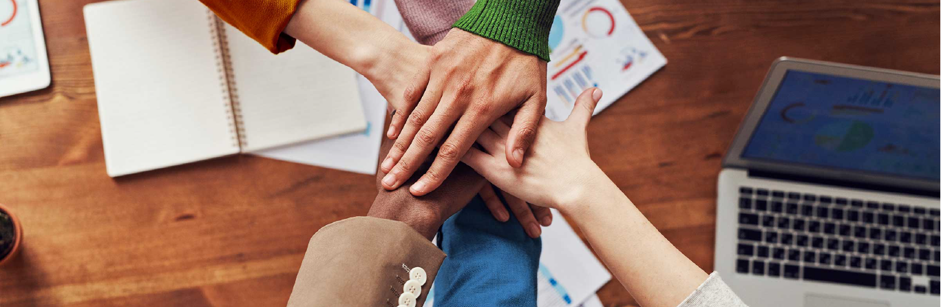 IDP Canada Team - multiple people's hands across a table in solidarity