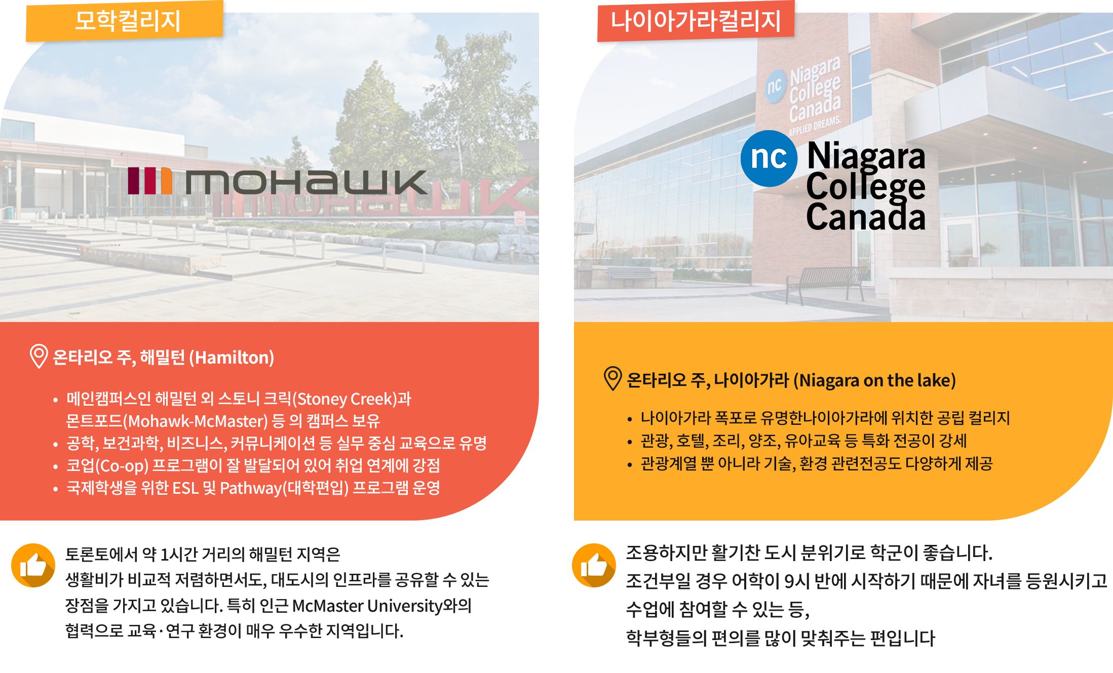 [Mohawk College]
	위치: 온타리오 주, 해밀턴 (Hamilton)
	학교특징: 공학, 보건과학, 비즈니스, 커뮤니케이션 등 실무 중심 교육으로 유명 / 코업(Co-op) 프로그램이 잘 발달되어 있어 취업 연계에 강점
	자녀무상 장점: 토론토에서 약 1시간 거리의 해밀턴 지역은 생활비가 비교적 저렴하면서도, 대도시의 인프라를 공유할 수 있는 장점을 가지고 있습니다.특히 인근의 McMaster University와의 협력으로 교육·연구 환경이 매우 우수한 지역입니다.

[Niagara College]
	위치: 온타리오 주, 나이아가라 (Niagara on the lake)
	학교특징: 나이아가라 폭포로 유명한 나이아가라에 위치한 공립 컬리지로 관광, 호텔, 조리, 양조, 유아교육 등의 특화 전공으로 유명합니다. 관광계열 뿐 아니라 기술, 환경 관련 전공도 다양하여 적성에 맞는 전공 선택이 가능합니다.  
	자녀무상 장점: 조용하지만 활기찬 도시 분위기로 학군이 좋습니다. 조건부일 경우 어학이 9시 반에 시작하기 때문에 자녀를 등원시키고 수업에 참여할 수 있는 등, 학부형들의 편의를 많이 맞춰주는 편입니다.