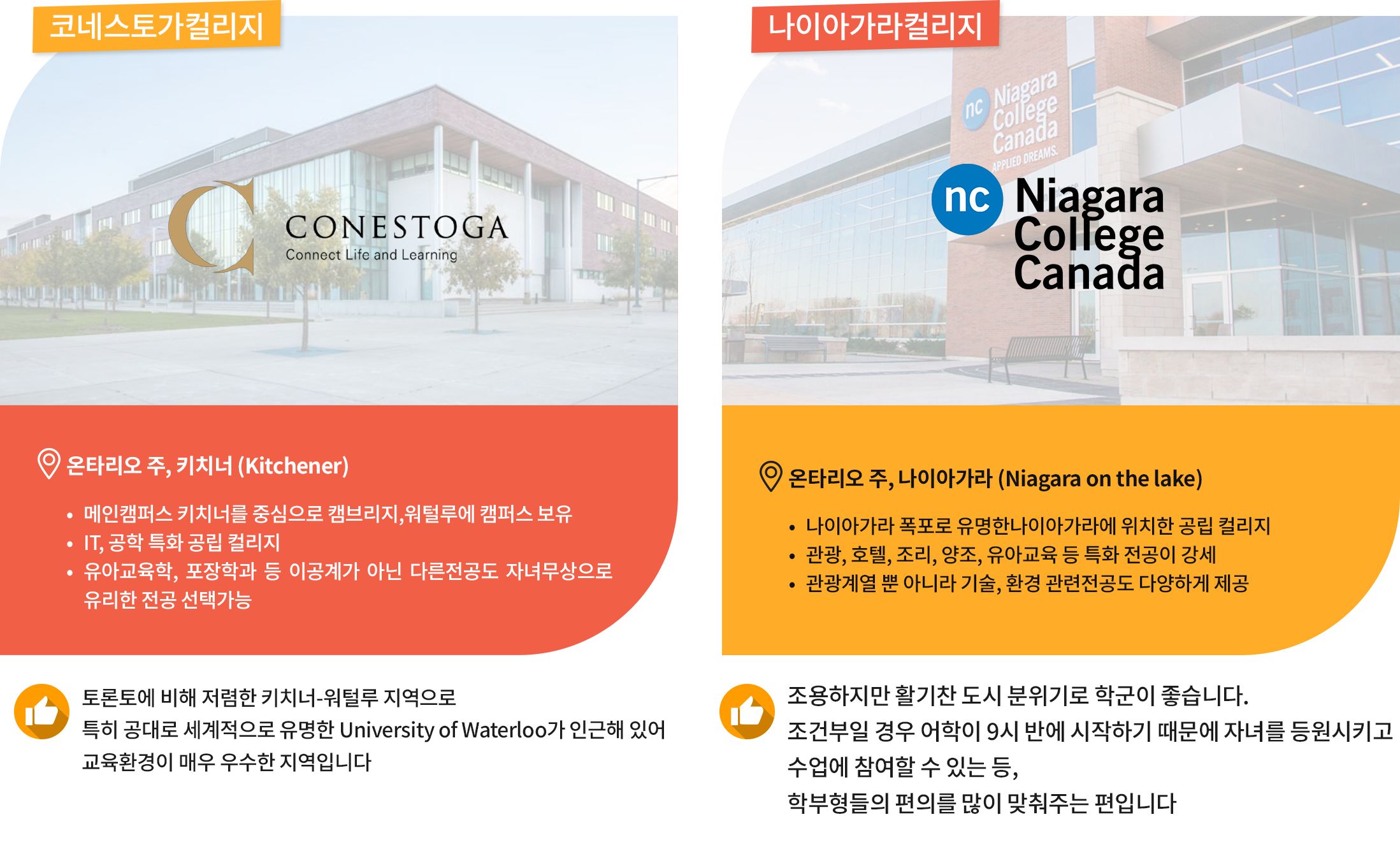 [Conestoga College]
	위치: 온타리오 주, 키치너 (Kitchener)
	학교특징: 키치너를 중심으로 캠브리지, 워털루에 캠퍼스를 둔 IT, 공학으로 특화된 공립 컬리지입니다. 이공계열로 특히 유명하지만 유아교육학과, 포장 학과 등 이공계가 아닌 다른 전공도 다양하여 자녀무상으로 유리한 전공 선택이 가능합니다. 
	자녀무상 장점: 토론토에 비해 저렴한 키치너-워털루 지역으로 특히 공대로 세계적으로 유명한 University of Waterloo가 인근해 있어 교육환경이 매우 우수한 지역입니다.

[Niagara College]
	위치: 온타리오 주, 나이아가라 (Niagara on the lake)
	학교특징: 나이아가라 폭포로 유명한 나이아가라에 위치한 공립 컬리지로 관광, 호텔, 조리, 양조, 유아교육 등의 특화 전공으로 유명합니다. 관광계열 뿐 아니라 기술, 환경 관련 전공도 다양하여 적성에 맞는 전공 선택이 가능합니다.  
	자녀무상 장점: 조용하지만 활기찬 도시 분위기로 학군이 좋습니다. 조건부일 경우 어학이 9시 반에 시작하기 때문에 자녀를 등원시키고 수업에 참여할 수 있는 등, 학부형들의 편의를 많이 맞춰주는 편입니다.