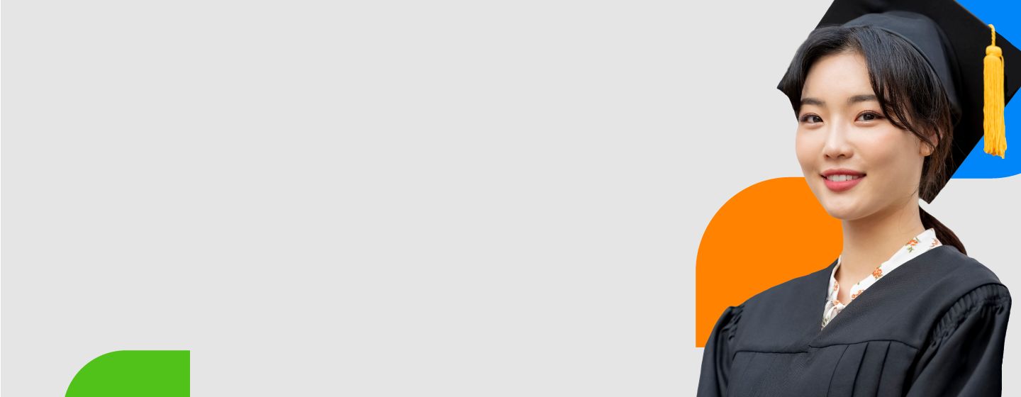 A graduate in a black cap and gown stands against a light gray background with colorful abstract shapes