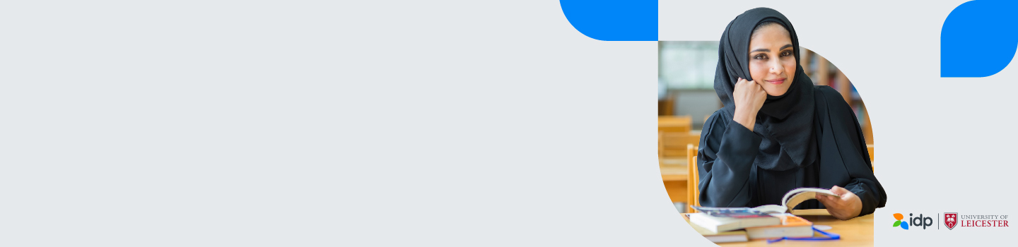 Woman in a red jacket smiling and looking to the side, set against a light background with blue accents. Logos for IDP and University of Leicester are in the bottom right corner.