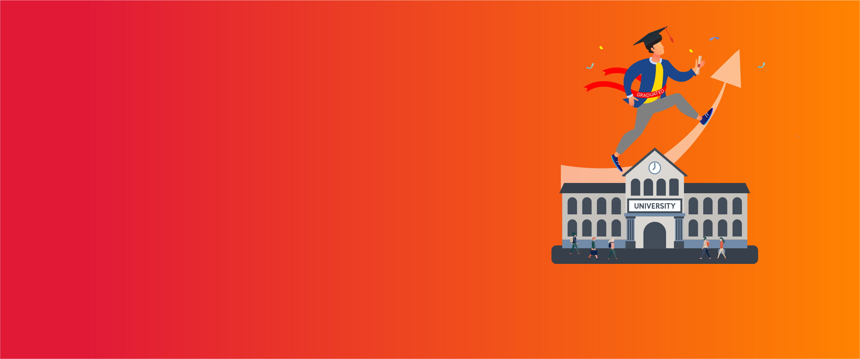 Graphic of graduating person standing on an upward arrow on top of a university building