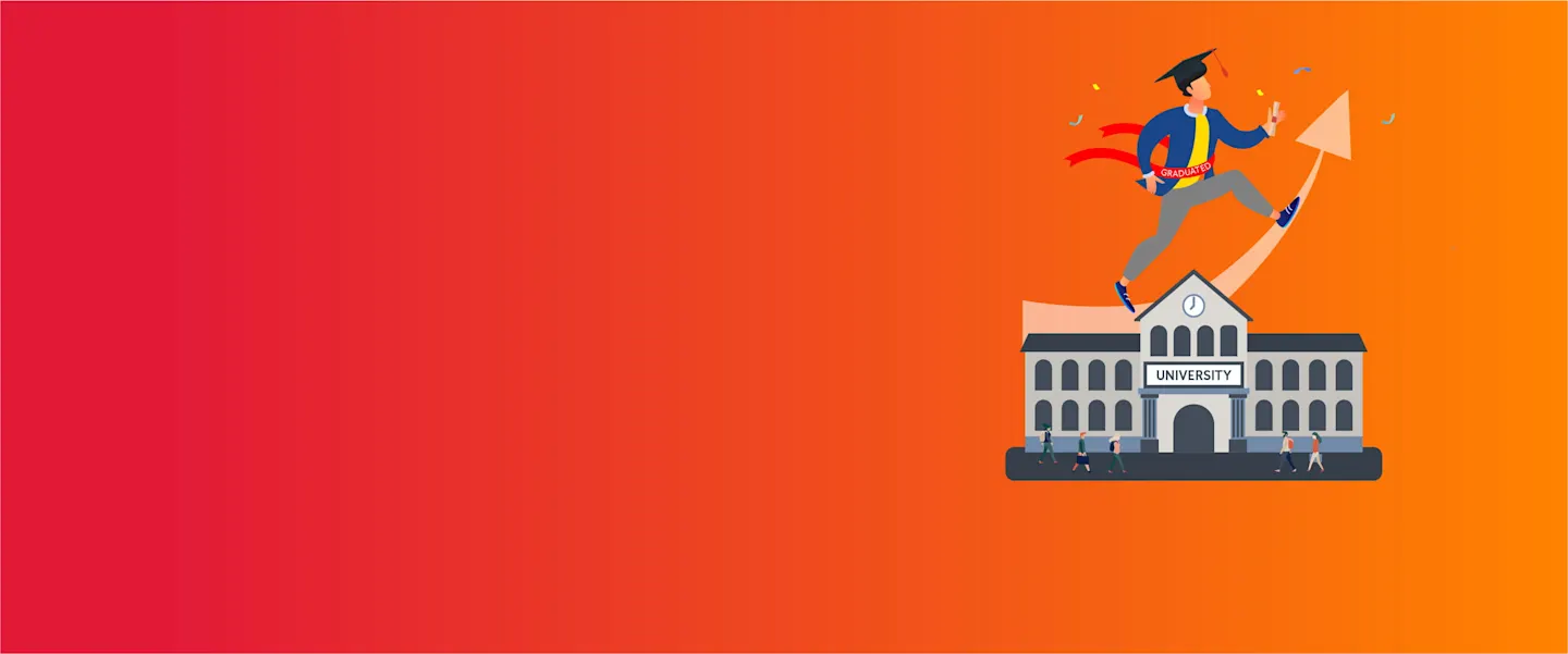 Graphic of graduating person standing on an upward arrow on top of a university building