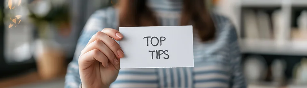 A person wearing a blue and white striped shirt holds a card with the handwritten words TOP TIPS in focus, with a blurred background of shelves and books.