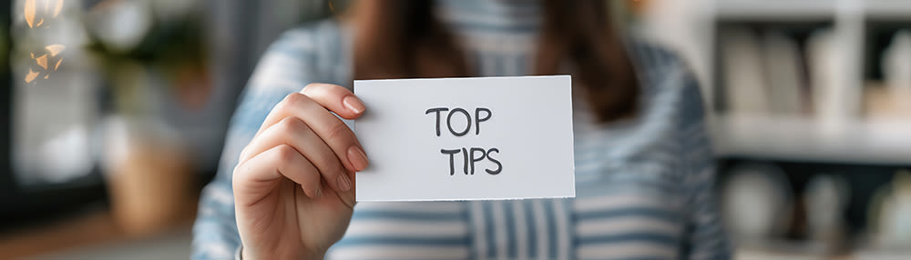 Person holding a card with the text 'Top Tips'. 