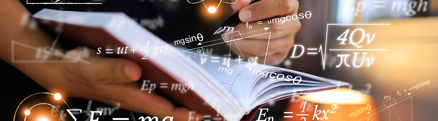 Physics equations floating in the background, hands writing in notebooks on wooden tables.