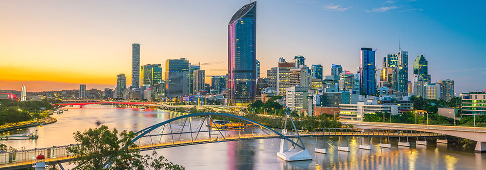 Brisbane city skyline and Brisbane river at twilight in Australia