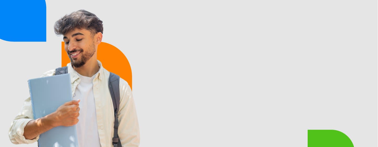 Smiling young man with a backpack holding a folder, standing against a background with colorful geometric shapes