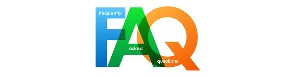 Large, bold letters FAQ in blue, green, and orange gradient. Smaller text within the letters reads frequently asked questions on a white background.