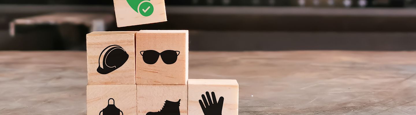 Wooden blocks with safety equipment icons including helmet, glasses, apron, boot, and glove, topped with green shield checkmark symbol