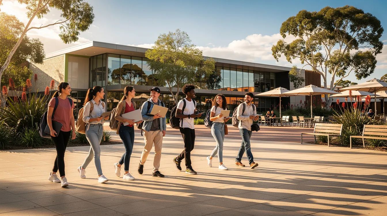 A group of diverse university students is walking across a sunny Australian campus, with modern buildings in the background, symbolizing the vibrant environment of higher education and business studies. This scene reflects the dynamic world of business and management, where students are preparing for successful careers in various fields.