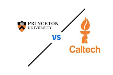 Princeton University and Caltech logos separated by "VS" text and a diagonal line, showing an academic comparison