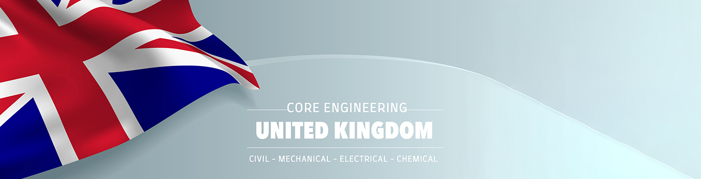 British wavy flag with the words Core Engineering, United Kingdom, Civil, Mechanical, Electrical, Chemical written to the right on a light grey/blue background