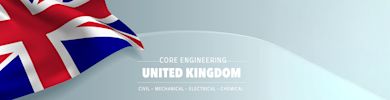 British wavy flag with the words Core Engineering, United Kingdom, Civil, Mechanical, Electrical, Chemical written to the right on a light grey/blue background