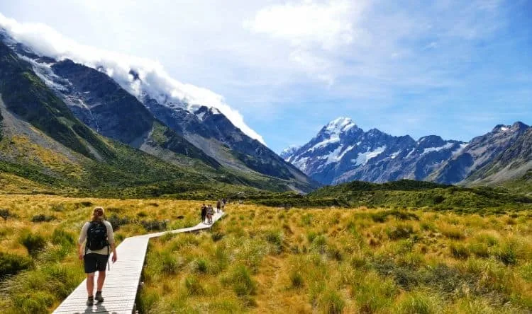 Tourists walking on a track at a national park towards mountains that have glaciers at the top