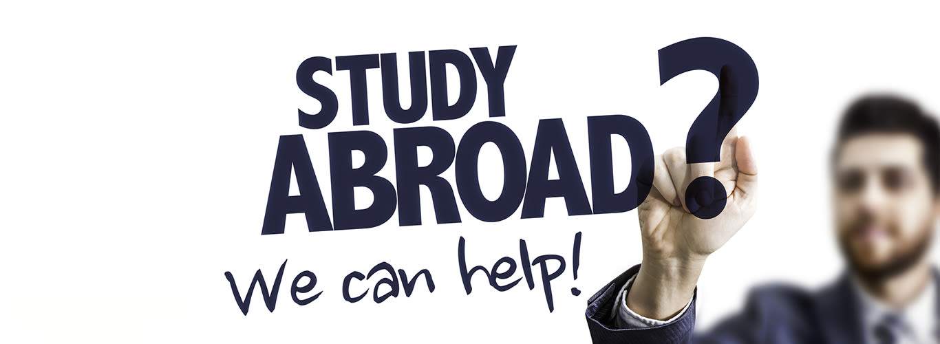 Man Pointing the Text: Study Abroad? We Can Help!