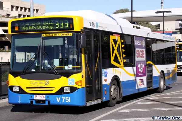 Brisbane Transport bus V.751 in yellow, white and blue livery with route 333 displayed on electronic destination board