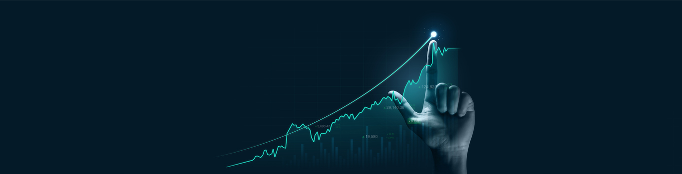 Hand pointing to the top of trend illustrated in blue on a black background