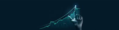 Hand pointing to the top of trend illustrated in blue on a black background