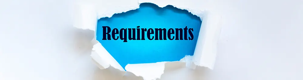 A ripped white paper reveals a blue background with the word Requirements written in bold black letters at the center.