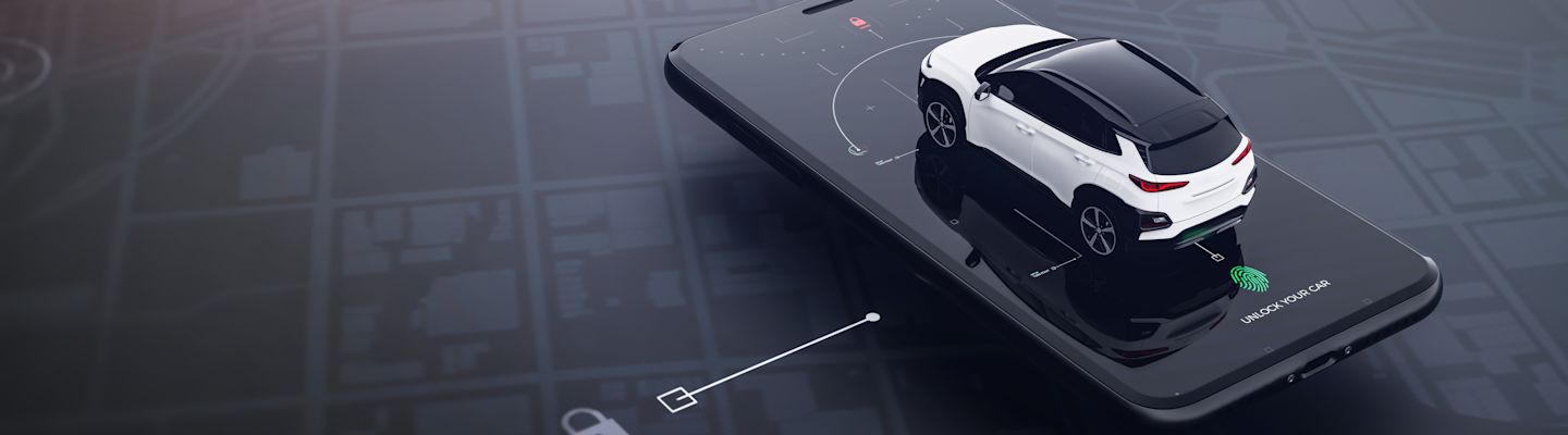 Smartphone displaying white SUV with digital fingerprint unlock feature on dark screen with car security interface elements