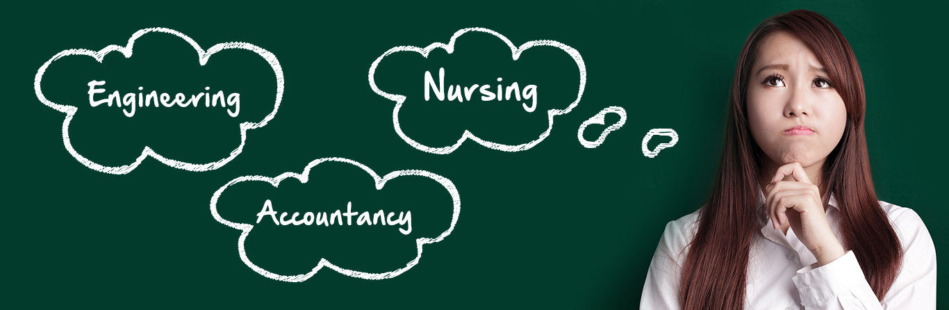 Student in white shirt contemplating career choices between Engineering, Nursing, and Accountancy written on green chalkboard