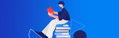 Illustration of a person sitting on a stack of books against a blue background, reading a red book. The person is wearing a dark shirt and white pants. Geometric shapes like circles and triangles are in the background.
