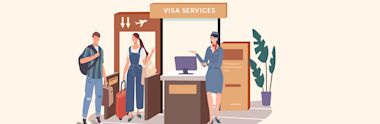 An illustration of students at the visa services desk at the airport