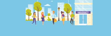 An illustration of a group of students chatting outside a university