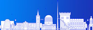White line illustration of Dublin's skyline featuring iconic landmarks like the Convention Centre, Trinity College, and Samuel Beckett Bridge