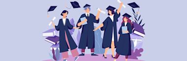 An illustration of international students celebrating at the graduation ceremony